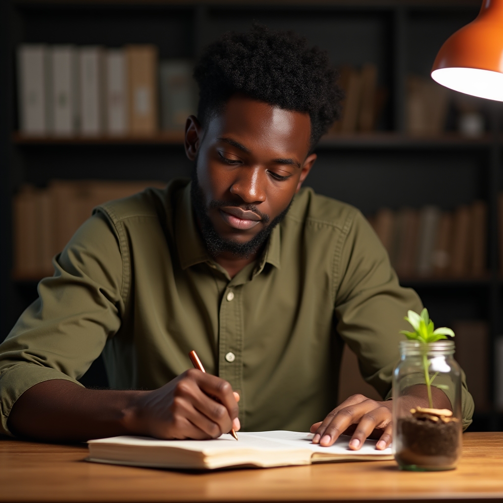 Ethical saving strategies notebook and financial planning tools on a desk