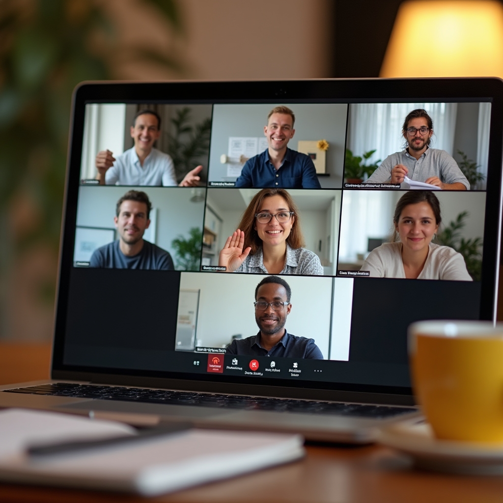 Engaged online group discussion session on a laptop screen showing multiple participants in a virtual sustainable finance learning meeting