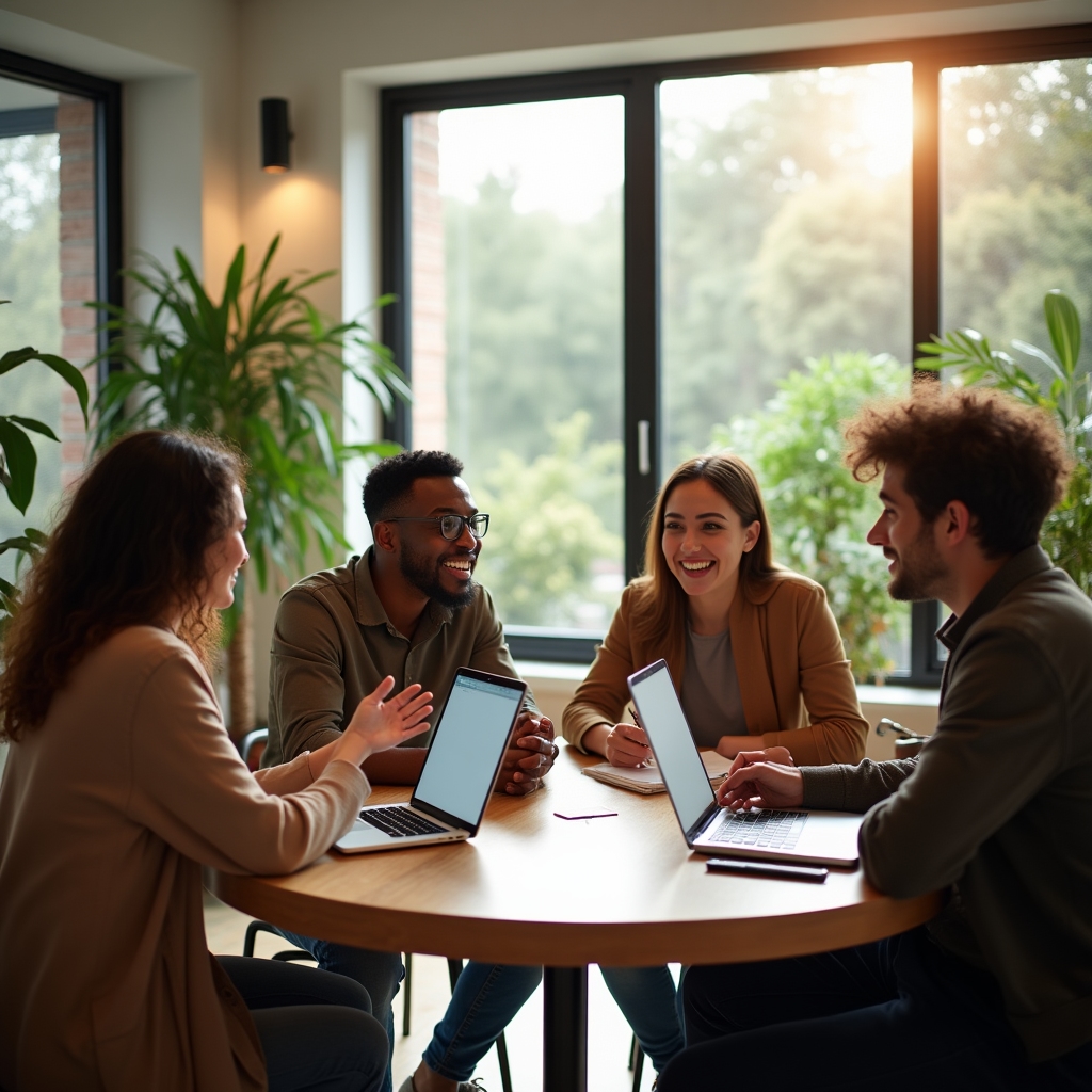 Small group of young professionals collaborating around a table with laptops and notebooks in a bright modern space