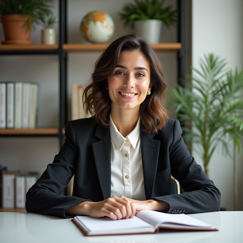Professional educator explaining sustainable finance concepts at a desk with natural light and green plants